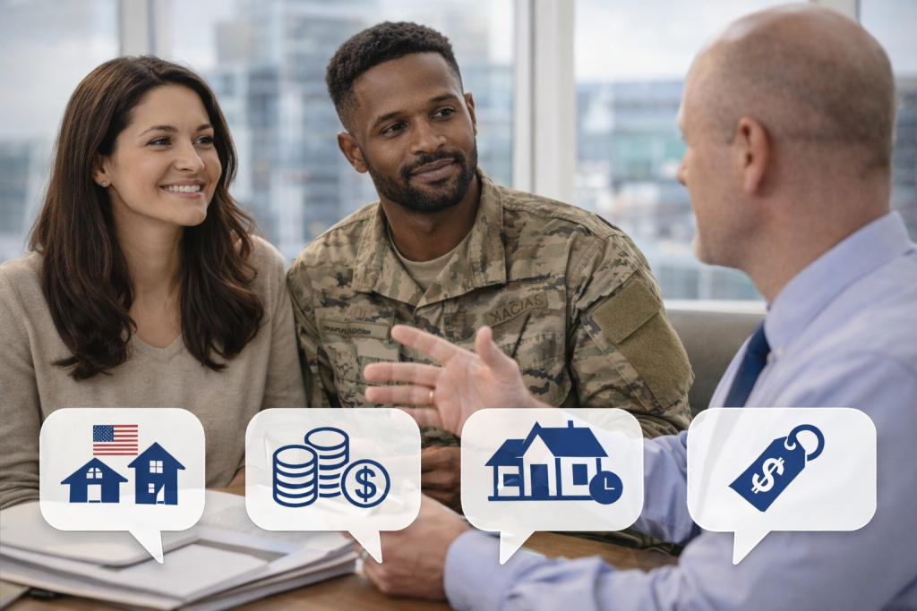 A smiling couple, one in military uniform, consults a businessman in an office. Speech bubbles show house, money, and price icons, indicating a financial discussion.