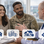 A smiling couple, one in military uniform, consults a businessman in an office. Speech bubbles show house, money, and price icons, indicating a financial discussion.