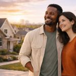 A smiling couple stands outside, embracing in a suburban neighborhood. The sunset casts a warm glow, creating a serene and content atmosphere.