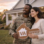 A smiling couple stands in front of a house at sunset. The man in military uniform holds a key-shaped sign with "VA" on it. An American flag is in the background.