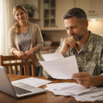 A man in military uniform reviews documents at a dining table, looking focused. A woman stands beside him, smiling supportively. A laptop and paperwork are on the table, with a warm kitchen background.