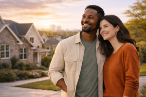 A smiling couple stands outside, embracing in a suburban neighborhood. The sunset casts a warm glow, creating a serene and content atmosphere.
