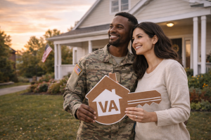 A smiling couple stands in front of a house at sunset. The man in military uniform holds a key-shaped sign with "VA" on it. An American flag is in the background.