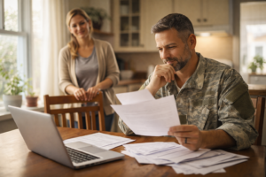 A man in military uniform reviews documents at a dining table, looking focused. A woman stands beside him, smiling supportively. A laptop and paperwork are on the table, with a warm kitchen background.