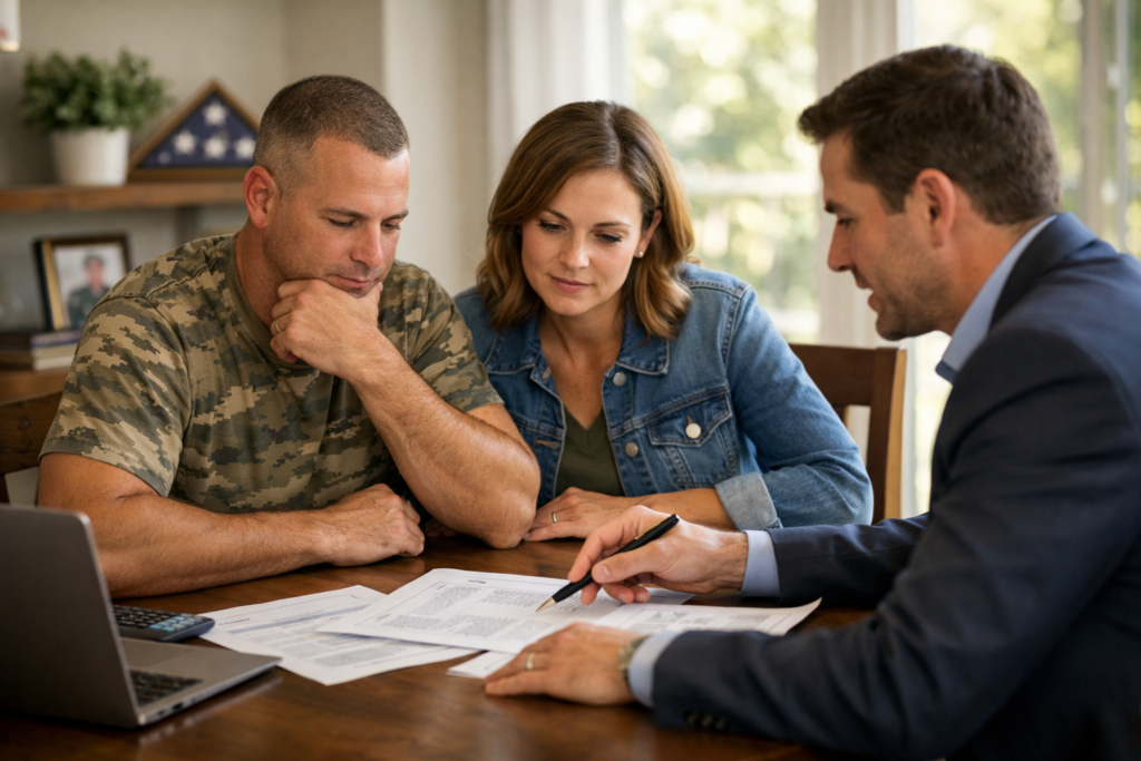 A couple reviews documents with a financial advisor at a table. The man is in a camo shirt, the woman in a denim jacket. They appear focused and engaged.