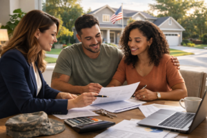 A couple sits at a table with a financial advisor, reviewing documents. They are smiling, indicating a positive and supportive discussion, with a home visible outside.