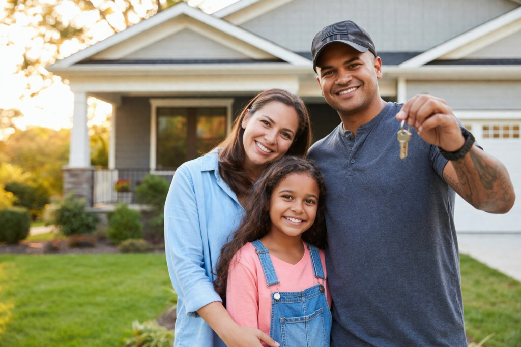 A smiling family of three stands in front of a new home. The father holds up keys, symbolizing joy and accomplishment. The house is modern with a manicured lawn.