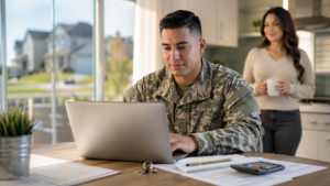 A man in military uniform works on a laptop at a kitchen table, projecting focus. A woman stands smiling in the background, holding a mug, conveying warmth.