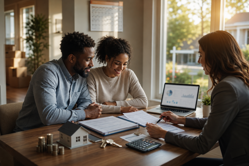 A couple reviews documents with a real estate agent at a desk, with charts on a laptop and a small house model nearby.