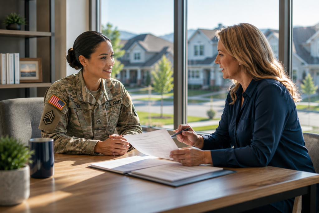A woman in military uniform converses with a woman in civilian attire, highlighting a dialogue between service and community.