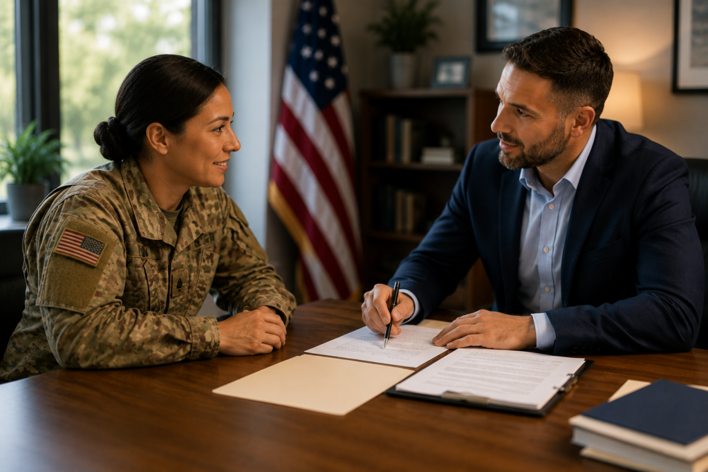 Female military veteran meeting with a VA mortgage loan officer in an office while reviewing home loan documents together.