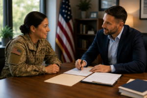 Female military veteran meeting with a VA mortgage loan officer in an office while reviewing home loan documents together.